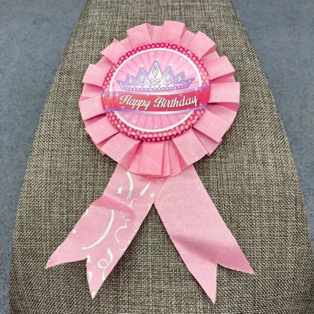 Pink Happy Birthday Award Ribbon 6 In Purple Crown Princess Badge Girls Womens